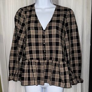 Madewell Black and Tan Peplum Puff Sleeve Blouse